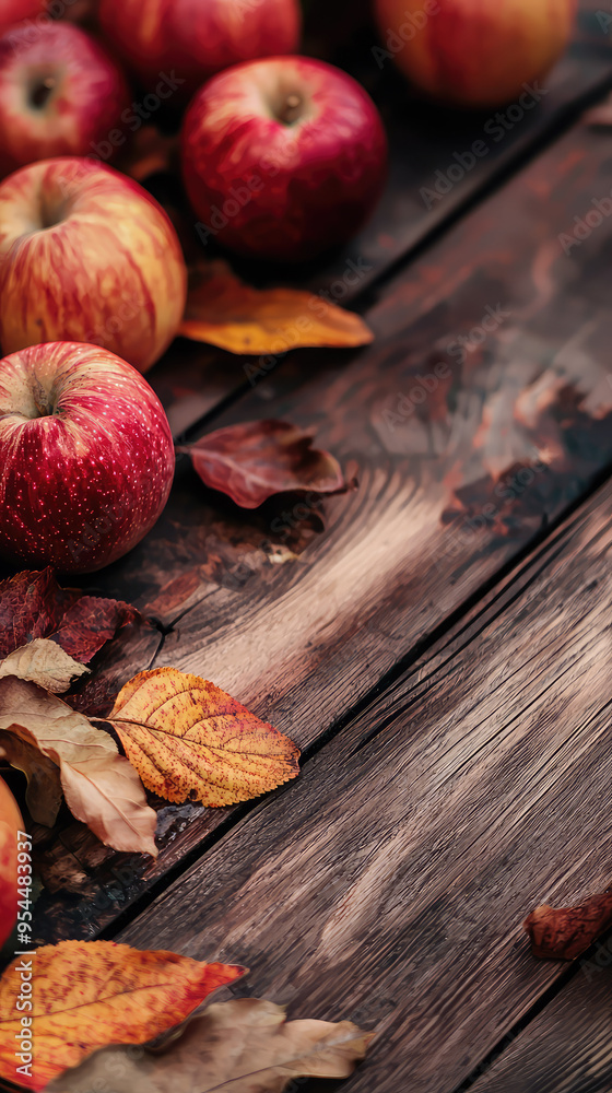 A Rustic Still Life: Apples and Autumn Leaves Resting on Weathered Wood A Rustic Still Life: Apples and Autumn Leaves Resting on Weathered Wood
