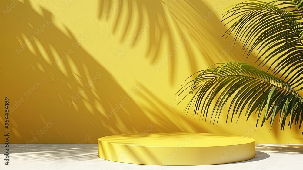 Yellow Platform with Palm Leaf Shadow on a Yellow Wall Yellow Platform with Palm Leaf Shadow on a Yellow Wall