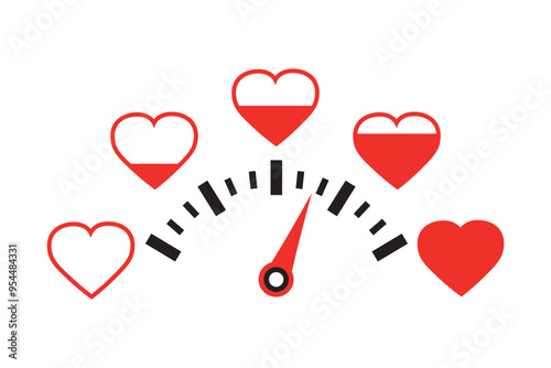 Love meter. Dashboard with arrow to measuring passion level or degree of heart health. Depth of relationships indicator. Valentines day card infographic. Heart rate indicator.