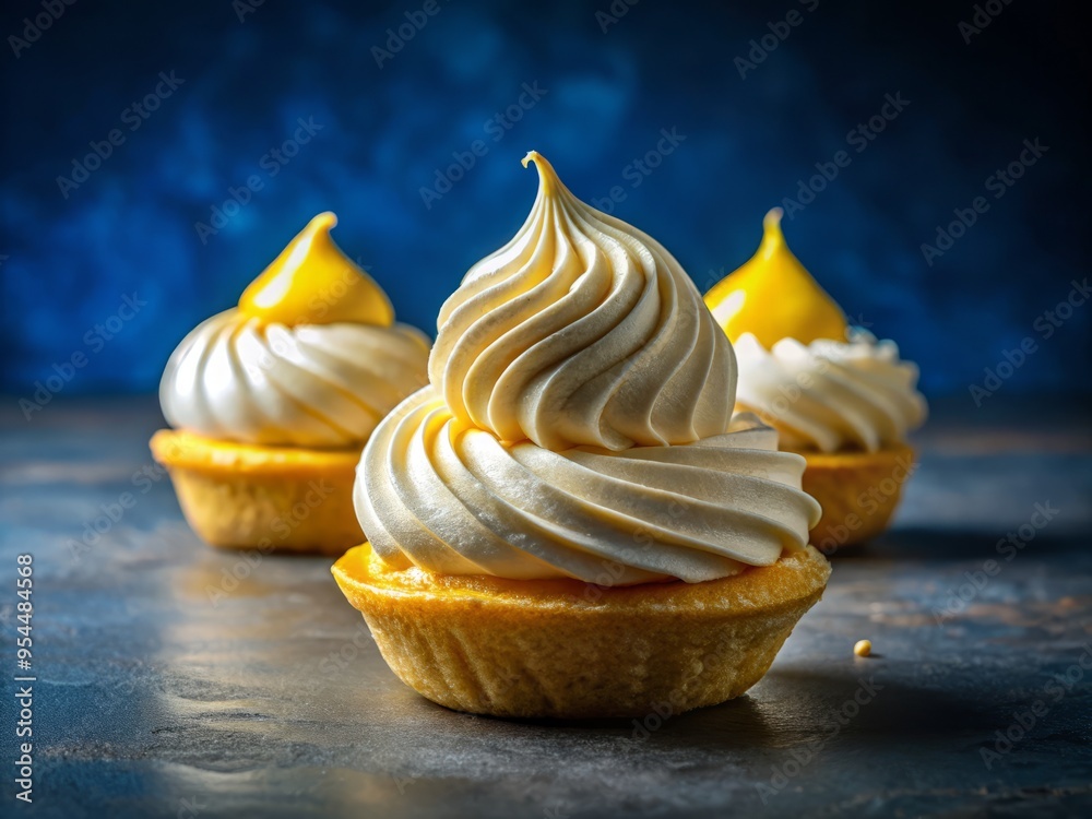 Vibrant yellow lemon custard filling peeks out from beneath a fluffy, caramelized meringue topping, set against a dark, rich blue background that heightens the contrast. Vibrant yellow lemon custard filling peeks out from beneath a fluffy, caramelized meringue topping, set against a dark, rich blue background that heightens the contrast.