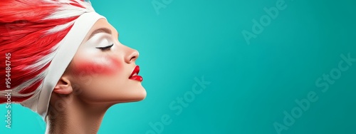  A woman in red and white hair wears a Santa hat, gazing upward with closed eyes toward the sky