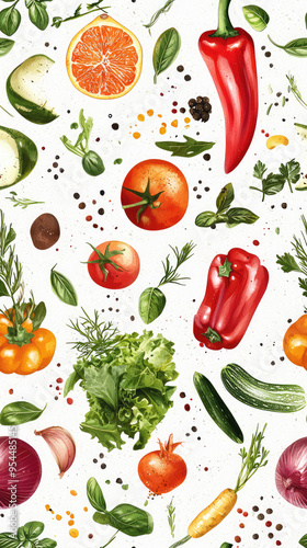 A Vibrant Feast for the Eyes: A Seamless Pattern of Fresh Vegetables, Herbs, and Spices