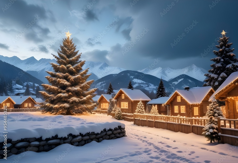 A snowy winter landscape with a large illuminated Christmas tree in the foreground, surrounded by small wooden houses with Christmas lights. A snowy winter landscape with a large illuminated Christmas tree in the foreground, surrounded by small wooden houses with Christmas lights.