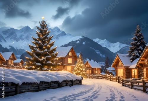 A snowy winter landscape with a large illuminated Christmas tree in the foreground, surrounded by small wooden houses with Christmas lights.