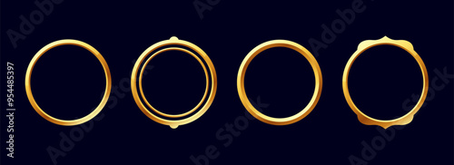 Medieval golden frame, vintage empty shiny border round shape vector set, luxury glossy label for interface ui ux game