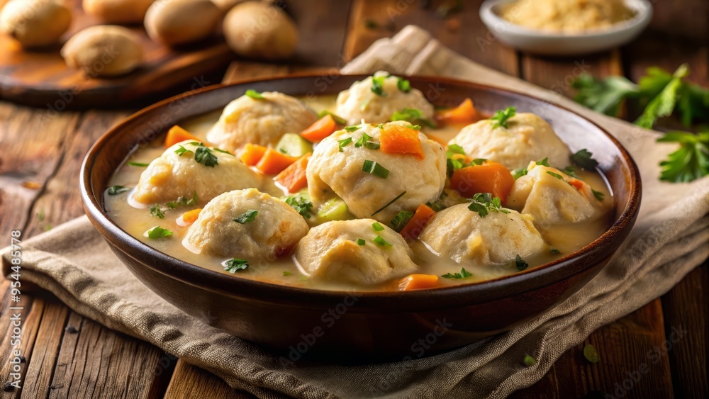 A dramatic, low-angle perspective captures the comforting, homestyle essence of a warm bowl of chicken and dumplings A dramatic, low-angle perspective captures the comforting, homestyle essence of a warm bowl of chicken and dumplings