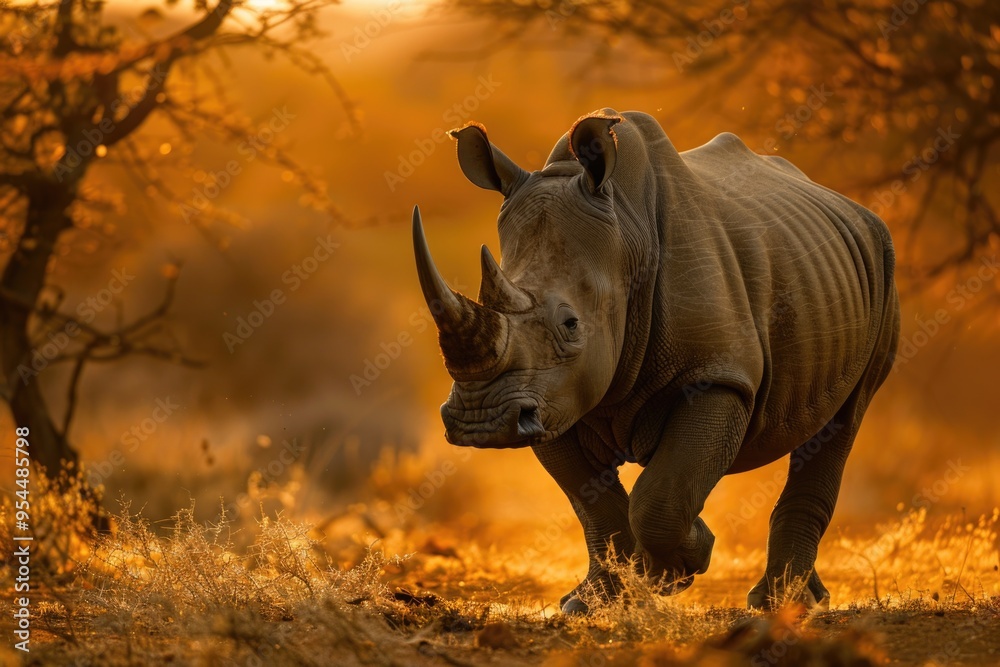 Obraz premium Majestic rhino at sunset in african savanna AI