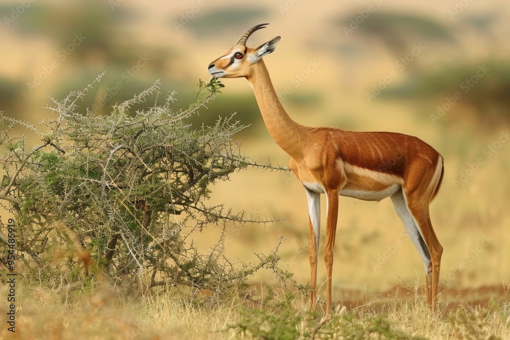 Graceful gerenuk browsing on thorny bush in african safari landscape AI Graceful gerenuk browsing on thorny bush in african safari landscape AI