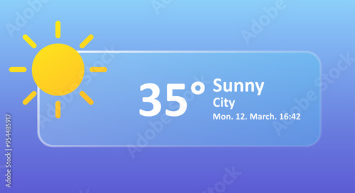 Sunny 35 Degrees Celsius weather forecast, date. Summer, hot, warm, air, heat, drought, precipitation, temperature, atmospheric pressure, Fahrenheit, conditions, high UV index, synoptic. Glassmorphism