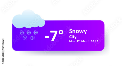 Snowy minus 7 Degrees Celsius weather forecast, date, city location. Snowflake, overcast, winter, wind speed, thundercloud, air, precipitation, temperature, atmospheric pressure, Fahrenheit, ice