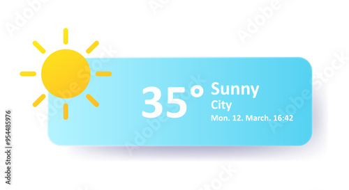 Sunny 35 Degrees Celsius weather forecast, date, location. Summer, hot, warm, air, heat, drought, precipitation, temperature, atmospheric pressure, Fahrenheit, conditions, high UV index, synoptic