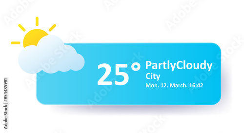 Partly cloudy 25 Degrees Celsius weather forecast, city location, date. Windy, overcast, sun, speed, air, precipitation, temperature, atmospheric pressure, Fahrenheit, conditions, UV index, synoptic