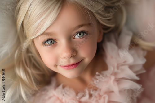 Portrait of a cute girl with blonde hair wearing pink ballerina costume