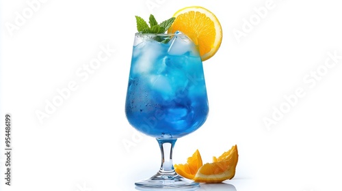 Closeup glass of blue lagoon cocktail on white background