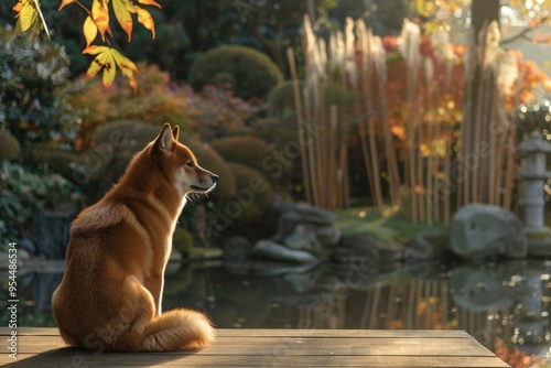 Tranquil autumn morning with shiba inu in serene japanese garden AI