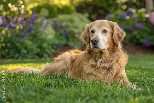 Golden retriever relaxing in lush garden with vibrant flowers and greenery AI