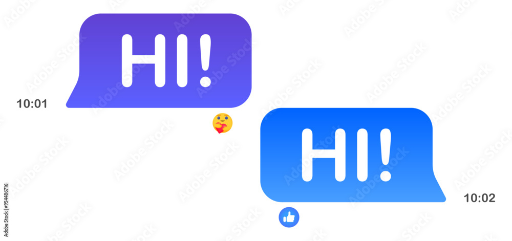 Messages in messenger. Blue speech bubbles, white background, texting, Hi, Place your content, mail, send, delivered, read, communication, online, sending time, reactions, emoticon, like. Vector Messages in messenger. Blue speech bubbles, white background, texting, Hi, Place your content, mail, send, delivered, read, communication, online, sending time, reactions, emoticon, like. Vector