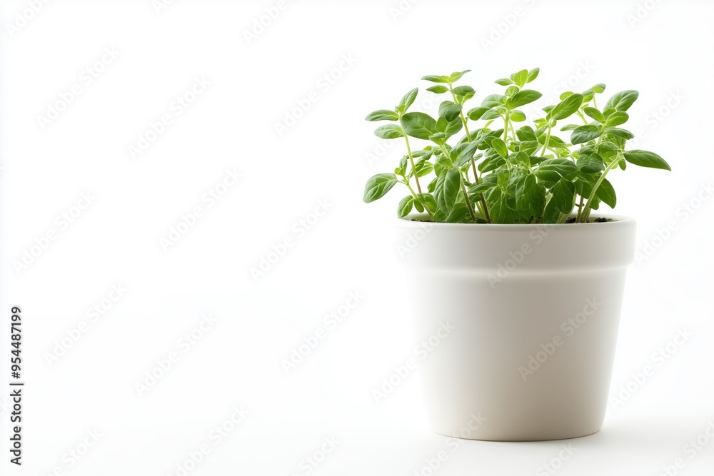 Vibrant oregano plant in a white pot, fresh green leaves, ideal for seasoning, indoor gardening, minimalist style, isolated on white background, selective focus, copy space
Vibrant oregano plant in a white pot, fresh green leaves, ideal for seasoning, indoor gardening, minimalist style, isolated on white background, selective focus, copy space