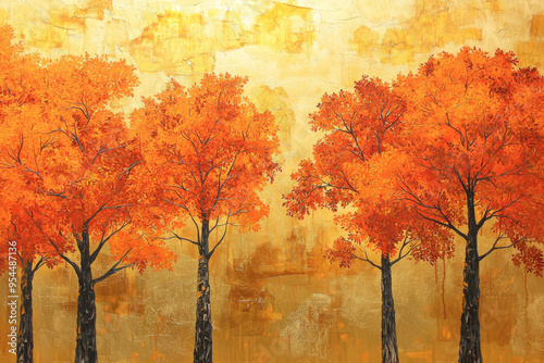 A vibrant autumn landscape featuring tall trees with bright orange foliage against a warm, textured background.