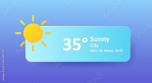 Sunny 35 Degrees Celsius weather forecast, date, location. Summer, hot, warm, air, heat, drought, precipitation, temperature, atmospheric pressure, Fahrenheit, conditions, high UV index, synoptic