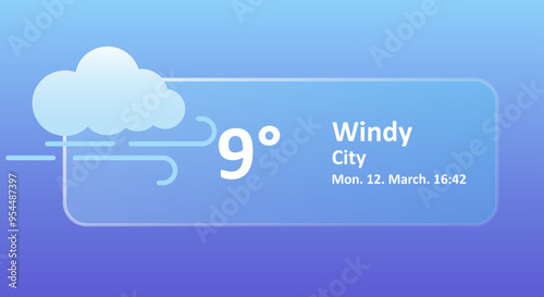 Windy 9 Degrees Celsius weather forecast, date, city location. Cloudy, overcast, cold, wind speed, air, precipitation temperature, atmospheric pressure, Fahrenheit, conditions, UV index. Glassmorphism