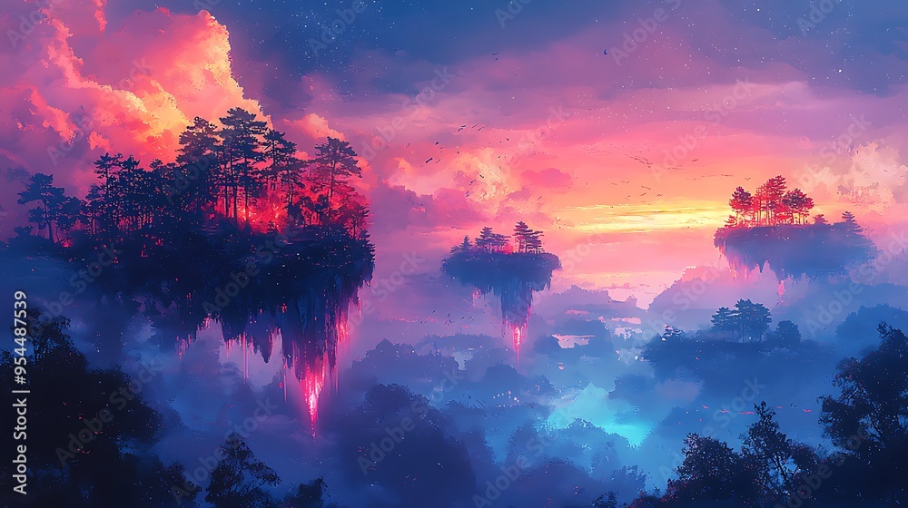 Fantasy floating islands drift in a sunset sky filled with stars. Fantasy floating islands drift in a sunset sky filled with stars.