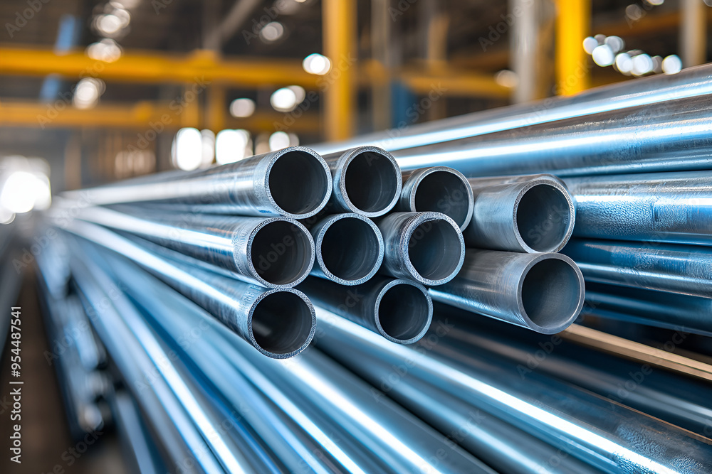 Galvanized steel pipe in stacks in a warehouse. Industrial building materials - aluminum alloy pipes, chrome-plated stainless steel Galvanized steel pipe in stacks in a warehouse. Industrial building materials - aluminum alloy pipes, chrome-plated stainless steel