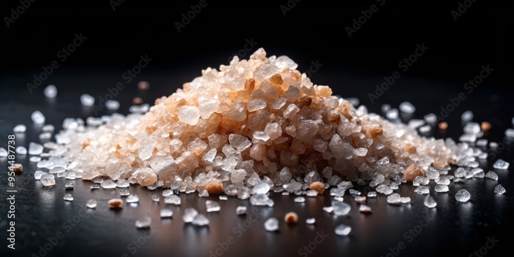 A delicate pinch of flaky sea salt scattered on a black background, lit from above with a softbox to create subtle shadows and highlights, highlighting the crystals' texture and clarity. A delicate pinch of flaky sea salt scattered on a black background, lit from above with a softbox to create subtle shadows and highlights, highlighting the crystals' texture and clarity.