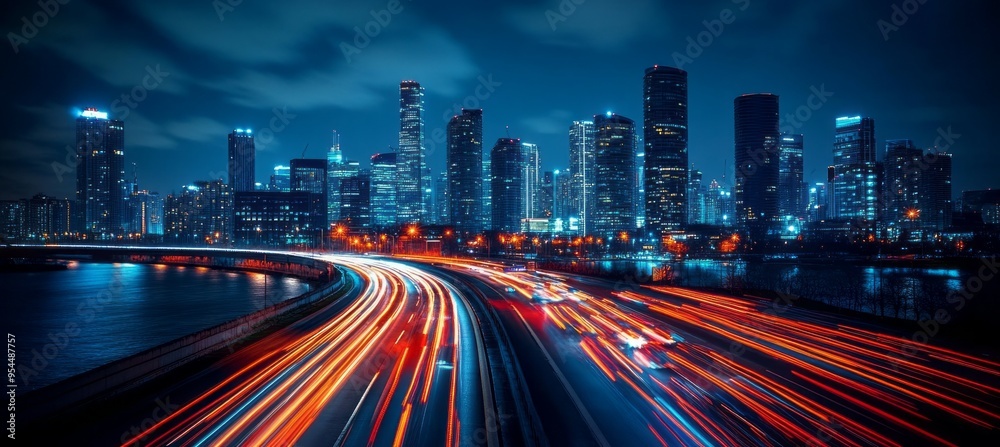 Fototapeta premium Night urban city buildings. Fast speed lights motion on highway. Generative AI 