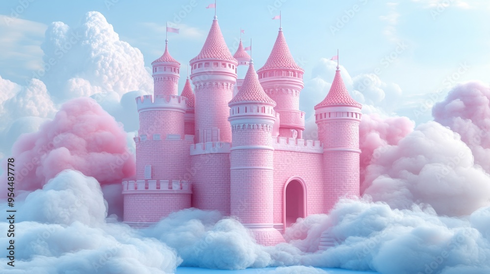 Fototapeta premium 3D castle in pastel colors with cotton candy clouds