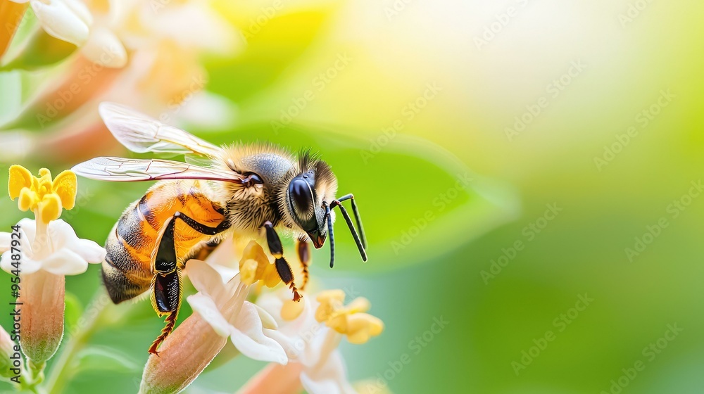 Close-up of a honey bee interacting with soft-focus honeysuckle flowers in the background, offering ample space for your personal or promotional messaging. Close-up of a honey bee interacting with soft-focus honeysuckle flowers in the background, offering ample space for your personal or promotional messaging.