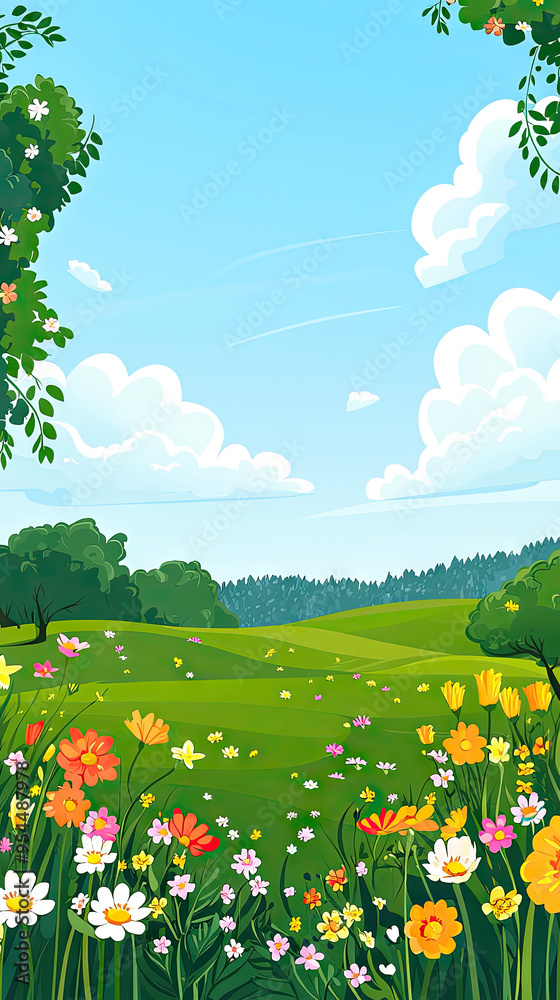 Vibrant Spring Meadow: A symphony of colors explodes in a lush green field, under a bright blue sky, hinting at a joyful and tranquil atmosphere. Vibrant Spring Meadow: A symphony of colors explodes in a lush green field, under a bright blue sky, hinting at a joyful and tranquil atmosphere.