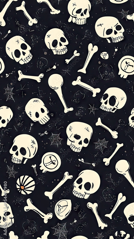 A Spooky Halloween Pattern: Skulls and Bones Dance on a Dark Background