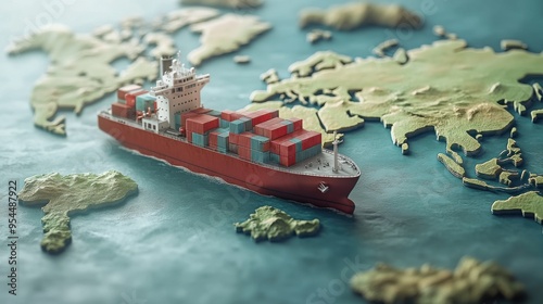 Ship loaded with containers sails between continents of the stylised 3D world map