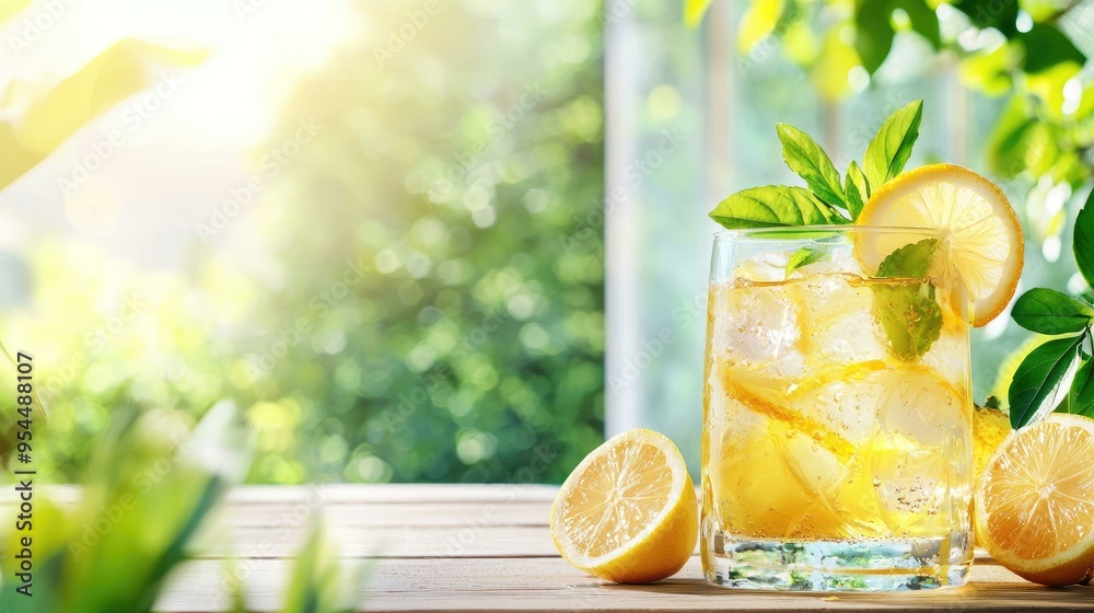 A refreshing glass of honey lemonade placed on a table, beautifully angled to showcase a soft background perfect for adding relaxed text elements.