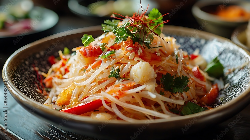 A delicious Asian salad with glass noodles, shrimp, and red peppers in a stylish bowl. A delicious Asian salad with glass noodles, shrimp, and red peppers in a stylish bowl.