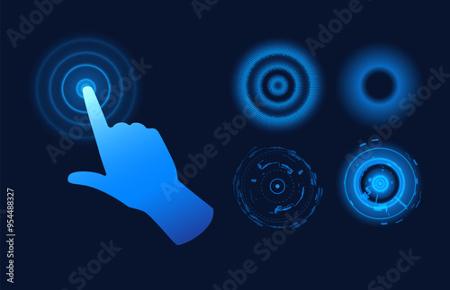 Blue hand pointing gesture on digital round various signal vector icons, touch effect or click cursor, finger tap button