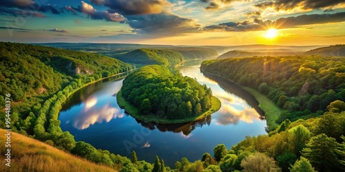 Late afternoon image of a meandering Brandeis blue river, surrounded by lush greenery, taken from a worm's-eye view, golden hour lighting, sense of tranquility, a realistic photo image. photo