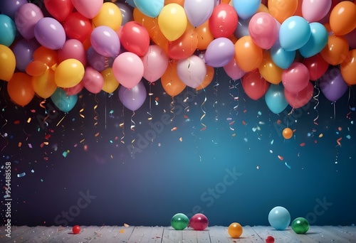 Colorful balloons floating against a dark blue background with sparkles, create a festive and celebratory atmosphere.