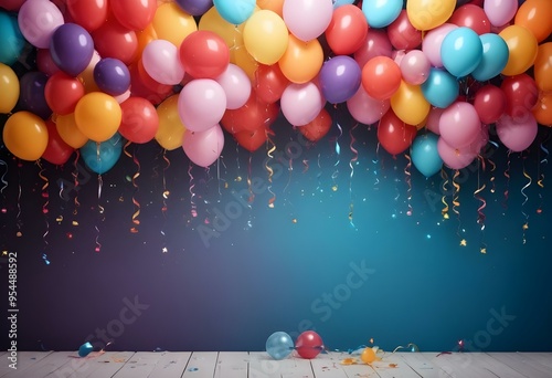 Colorful balloons floating against a dark blue background with sparkles, create a festive and celebratory atmosphere.