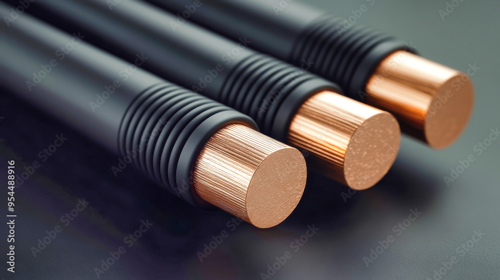 Three striking power cables are showcased in close-up, revealing the intricate details of their smooth surfaces and gleaming copper wire, evoking a sense of rustic elegance Three striking power cables are showcased in close-up, revealing the intricate details of their smooth surfaces and gleaming copper wire, evoking a sense of rustic elegance