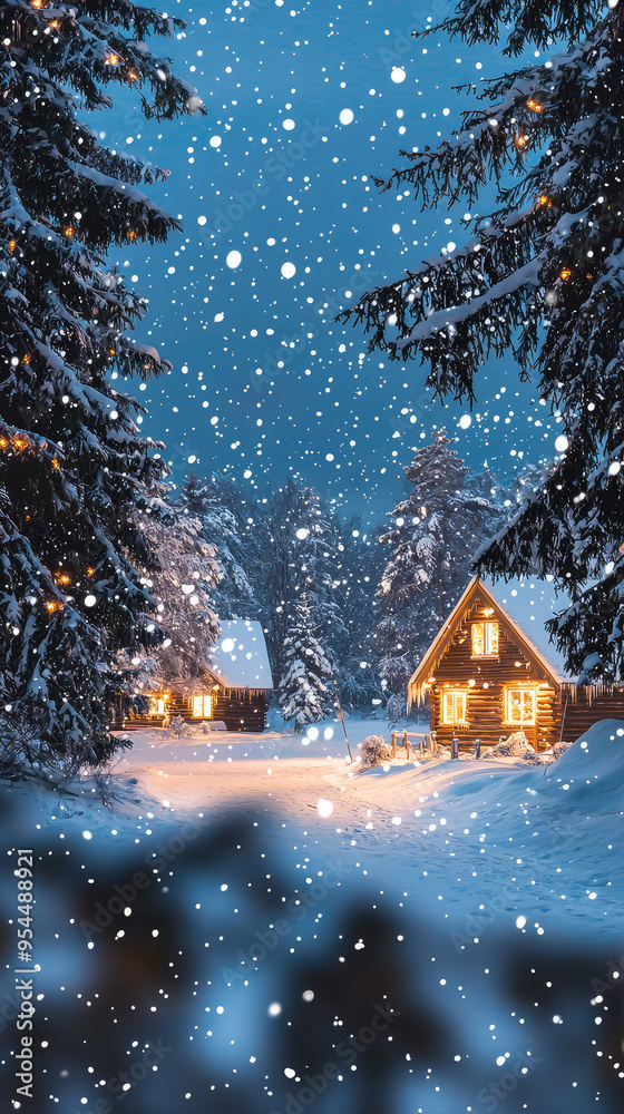 Fototapeta premium A Cozy Cabin Nestled in a Snowy Forest, Illuminated by Warm Lights, as Snow Gently Falls on a Serene Winter Night.