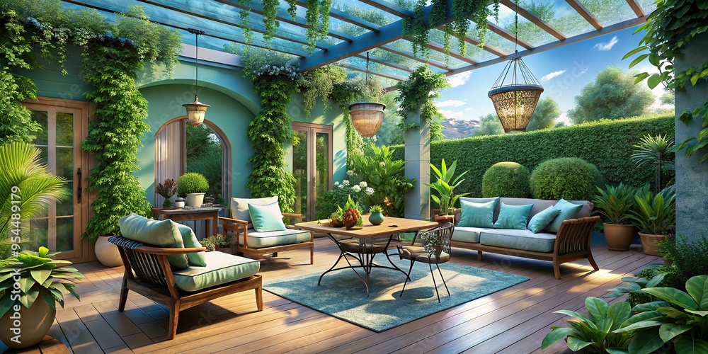 Warm and inviting, a light sky blue atmosphere envelops an outdoor patio, adorned with lush greenery, relaxing and rejuvenating, a realistic photo image. Warm and inviting, a light sky blue atmosphere envelops an outdoor patio, adorned with lush greenery, relaxing and rejuvenating, a realistic photo image.