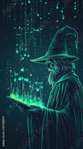 The Market Sorcerer: A wizard conjures a luminous stock chart, his gaze fixed on the digital future. photo