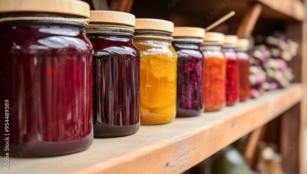 Jars of Homemade Jam and Jelly on Wooden Shelves at Farmers' Market Jars of Homemade Jam and Jelly on Wooden Shelves at Farmers' Market
