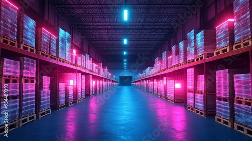 A cavernous warehouse with rows of pallets stacked to the ceiling, backlit by neon lights and augmented reality displays, Tech-infused, Neon style, High contrast.--style raw