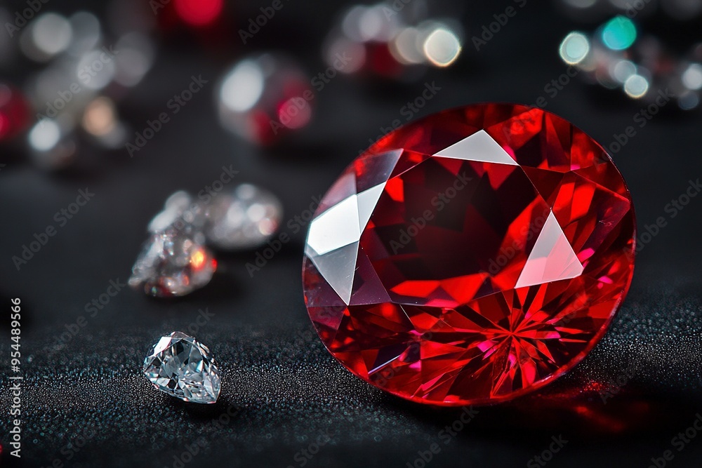Red Ruby gemstone set against a black background, shining brightly amidst other precious jewels like diamonds and crystals, perfect for luxurious jewelry or Christmas decorations. Generative Ai Red Ruby gemstone set against a black background, shining brightly amidst other precious jewels like diamonds and crystals, perfect for luxurious jewelry or Christmas decorations. Generative Ai
