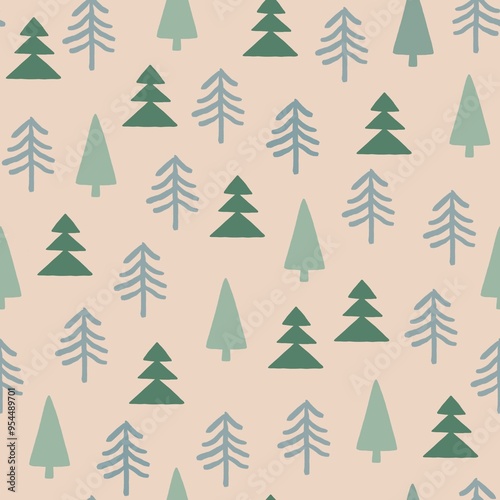 Hand drawn Christmas Tree seamless pattern-beige
