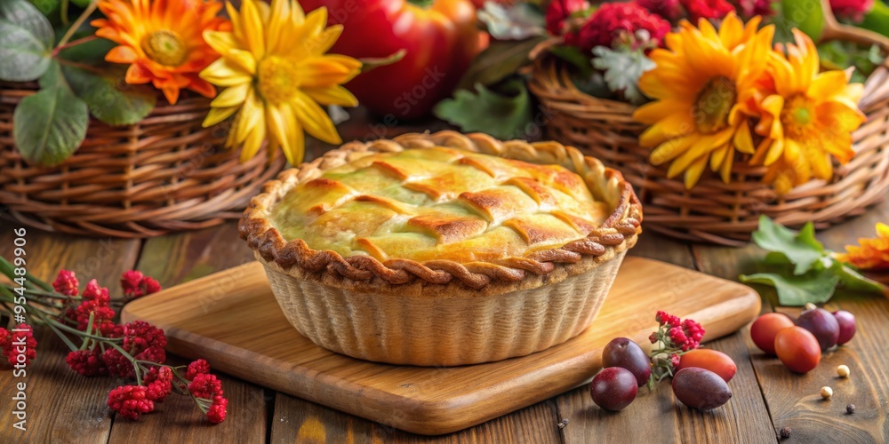 Minced meat pie sitting on a woven wicker basket, surrounded by an arrangement of fresh fall flowers. Minced meat pie sitting on a woven wicker basket, surrounded by an arrangement of fresh fall flowers.
