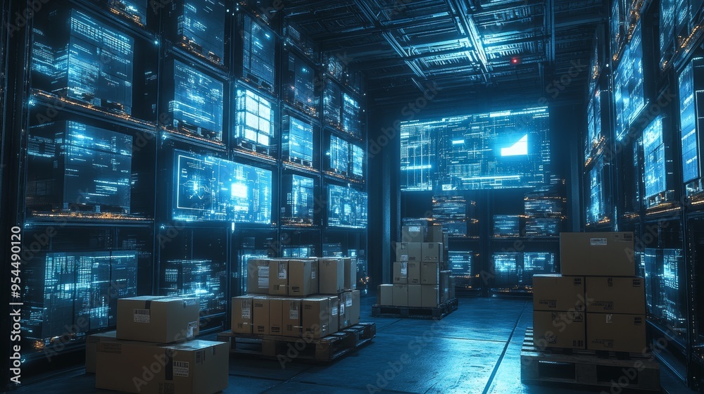 A digital warehouse with stacked boxes on a pallet, holographic screens displaying data, cool blue tones, sharp focus, realism, sci-fi industrial design.--style raw A digital warehouse with stacked boxes on a pallet, holographic screens displaying data, cool blue tones, sharp focus, realism, sci-fi industrial design.--style raw